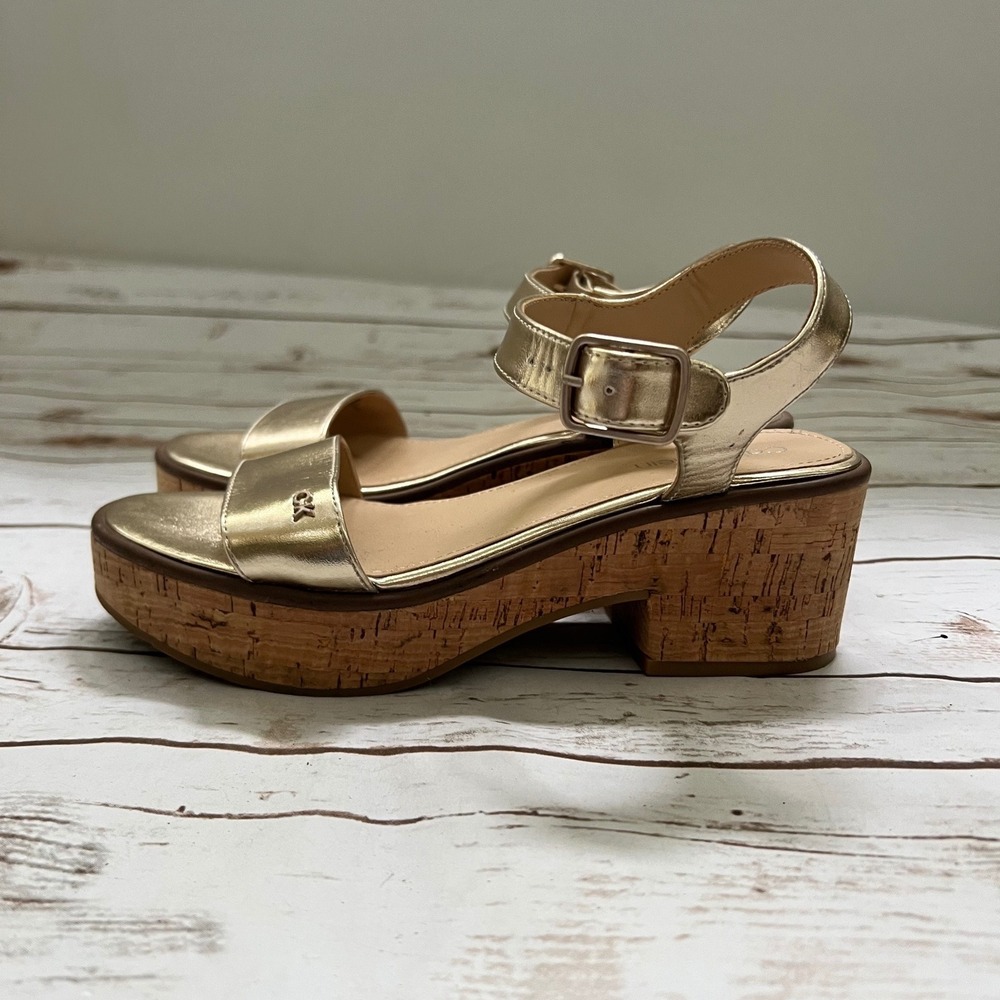 Calvin Klein Platform Sandals Gold Metallic Cork‎ Wedge Ankle Strap 7.5M